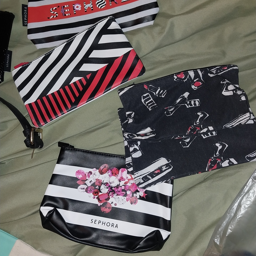 Black & White Striped Travel Makeup Bag with Pink Floral Accent